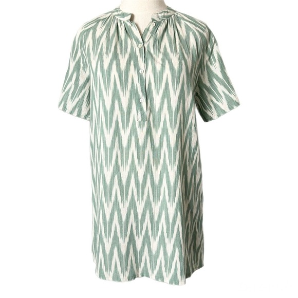 Oliphant Green White Ikat Cotton V-Neck Mini Shift Dress Pockets Short Sleeve XS - Picture 2 of 6